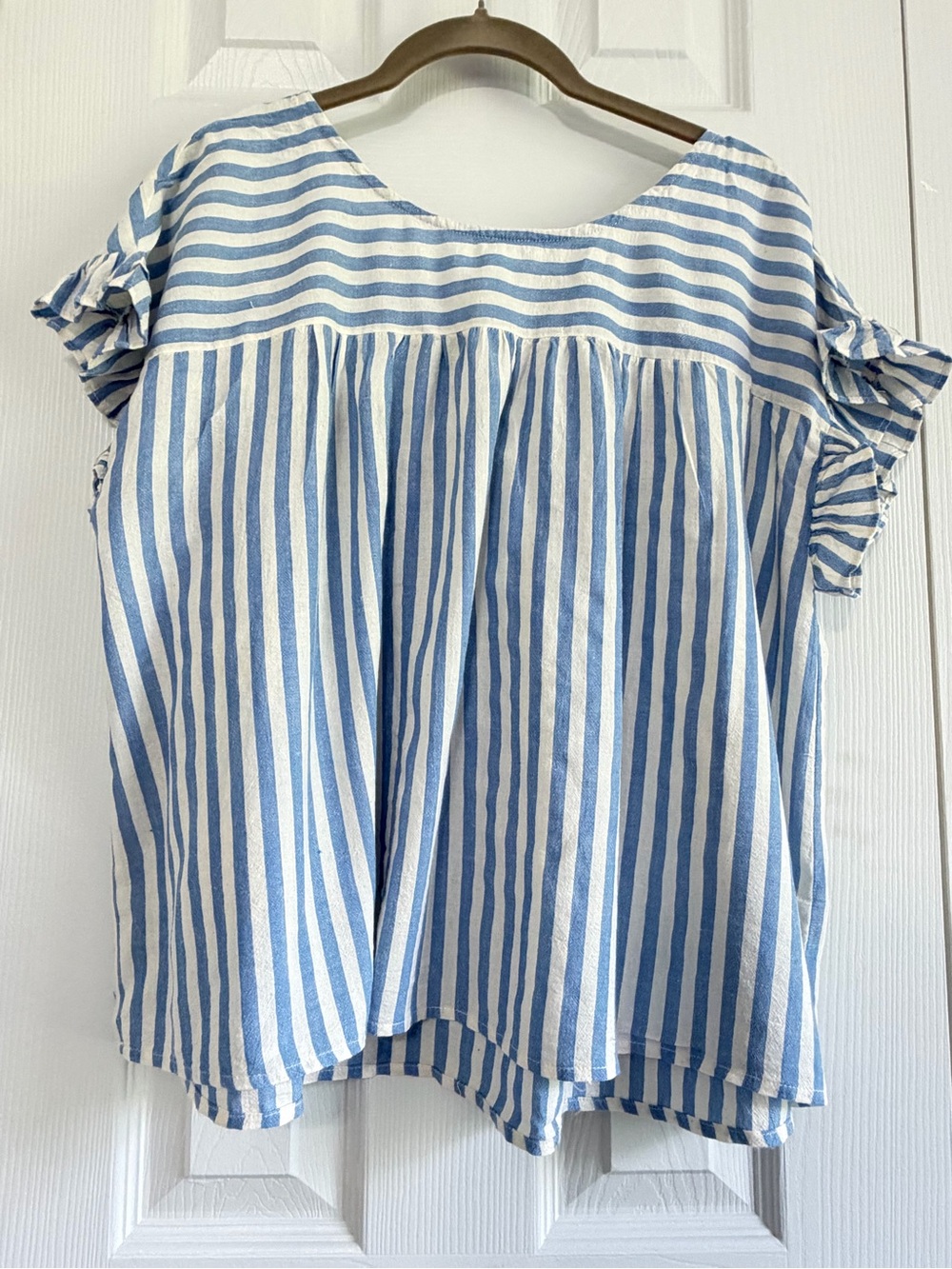 Hem & Thread Blue White Stripe Ruffle Sleeve Babydoll Top Women’s Small Boho